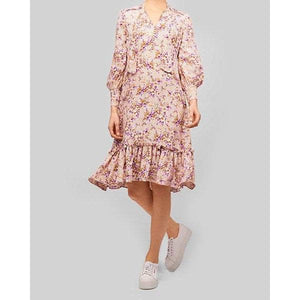 Printed pink floral print pussy-bow ruffled midi dress Women Clothing ByTiMo 
