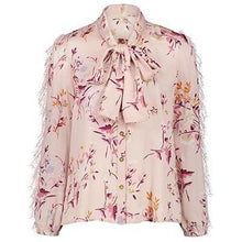 Load image into Gallery viewer, Satin pink floral print pussy-bow lace blouse Women Clothing ByTiMo 

