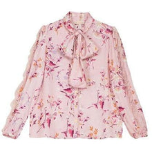Load image into Gallery viewer, Satin pink floral print pussy-bow lace blouse Women Clothing ByTiMo XS 

