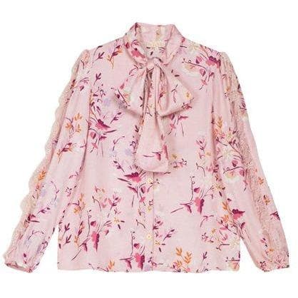 Satin pink floral print pussy-bow lace blouse Women Clothing ByTiMo XS 